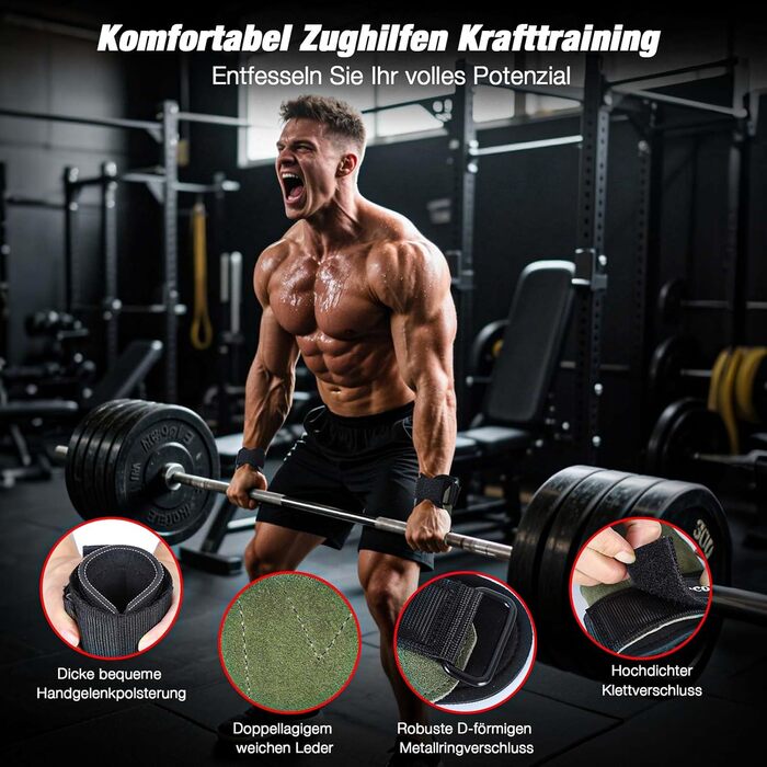 Ремені для підйому штанги Zughilfen для бодібілдингу, важкої атлетики та силових тренувань - професійний аксесуар для важких ваг (зелений, M)