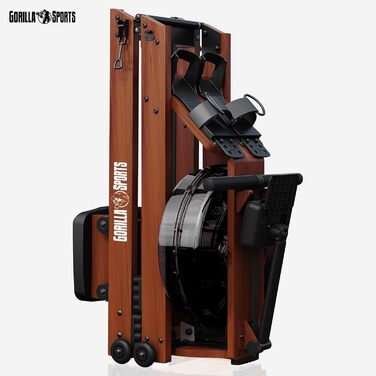 Гребний тренажер GORILLA SPORTS® з водним опором, складаний, компактний, з Bluetooth, роликами, 6 рівнів опору, сумісний з додатком, з дерева. Ідеально для дому.