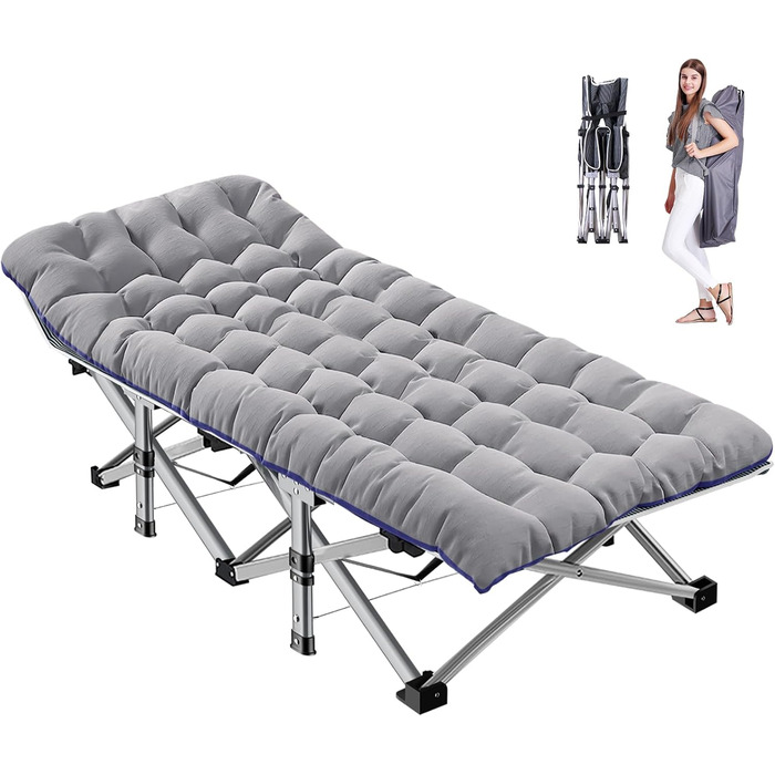 Розкладне кемпінгове ліжко MOPHOTO з матом – до 200 кг, 190x71x36 см, широке, для відпочинку на природі, сіре