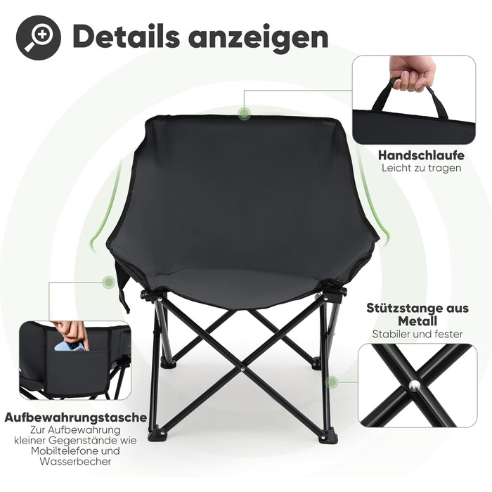 Крісло для кемпінгу складне з сумкою та неслизькими ніжками - ідеальне для риболовлі, відпочинку на пляжі, туризму, саду та балкону (темно-сірий)