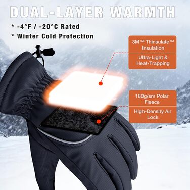 Рукавички зимові для чоловіків та жінок, велосипедні та гірськолижні, 3M Thinsulate, водонепроникні, теплі флісові з підтримкою сенсорного екрану (чорний, XXL)