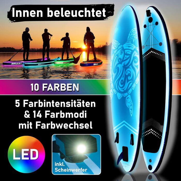 Надувний SUP Board BRAST з LED-підсвіткою | Комплект для станд-ап паддлінгу | 320x81x15 см | 4 дизайни | LED-підсвітка 10 кольорів | 5 років гарантії | 2в1 весло, сидіння для каяка, кріплення для екшн-камери, петля для ніг (Turtle Blue)