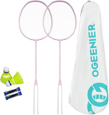 Набір для бадмінтону OGEENIER: 2 ракетки, обмотка, 2 волани, 1 ракетка з сумкою (білий, рожевий, 3 1/4 дюйма)