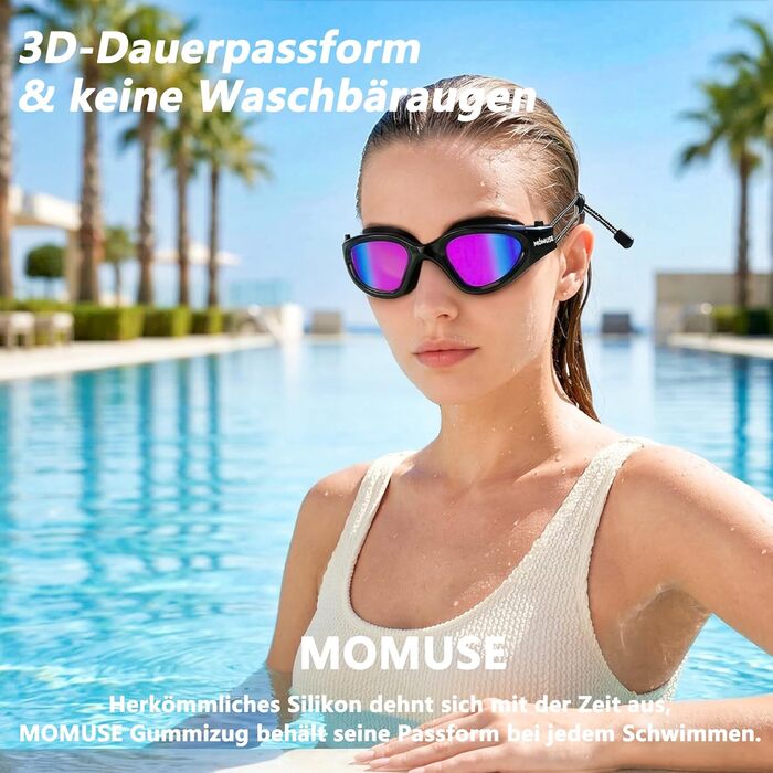 Окуляри для плавання MOMUSE дорослі, з UV-захистом, антифог, не чіпляють волосся, дзеркальні (чорно-лілові) для басейну, пляжу, тренувань