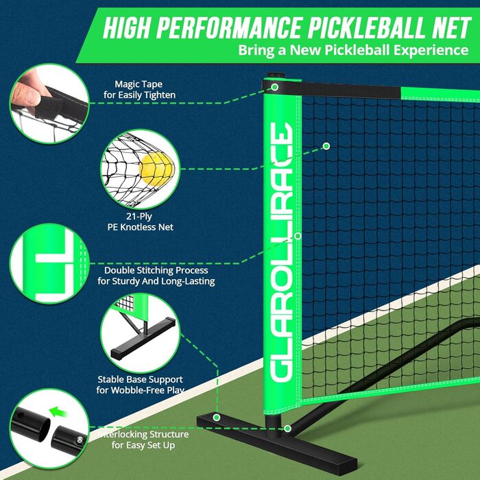Набір для гри в піклбол 3-в-1 портативний, розмір 22x10x4 фути, сітка PE + металевий каркас, для будь-якої погоди та вітру, внутрішнє та зовнішнє використання, флуоресцентний зелений