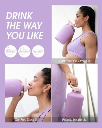 Пляшка для води Coolflask 2 л з нержавіючої сталі з PU-чохлом, з трубочкою, термобутилка для напоїв, зберігає холод 48 годин, тепло 24 години, фіолетова