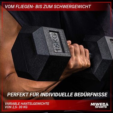 Гантелі шестигранні Miweba Sports HGH100, 2,5-30 кг, пара, гантельний набір, гантелі з литого чавуну, ергономічна ручка, вага 5 кг, професійні короткі гантелі