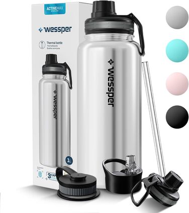 Wessper термос із нержавіючої сталі 1 л, герметична, BPA Free, 3 кришки, срібляста, пляшка для води для спорту, дітей і дорослих, для кемпінгу, велосипеда, outdoor