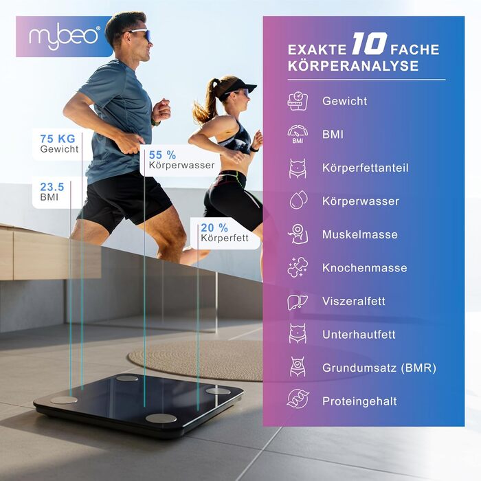 Цифрова вага Bluetooth з додатком - вага для вимірювання жиру, персональна вага, багатофункціональна вага. Аналіз тіла, BMI, жир, м'язи, кістки. Чорний колір