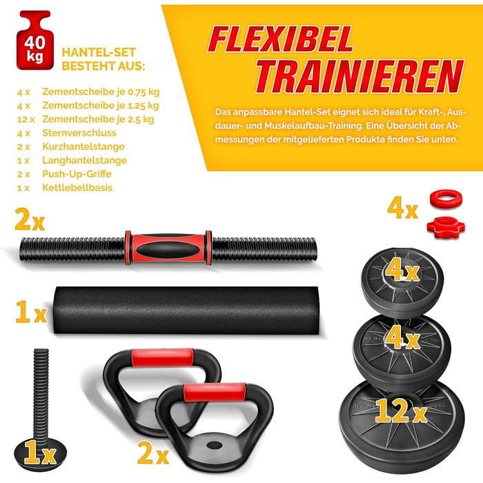 Набір гантелей 2-в-1 Hanteln Set 15-30 кг: регульовані гантелі, штанга зі зірковими фіксаторами, з'єднувальна труба (включно з гирею 40 кг)