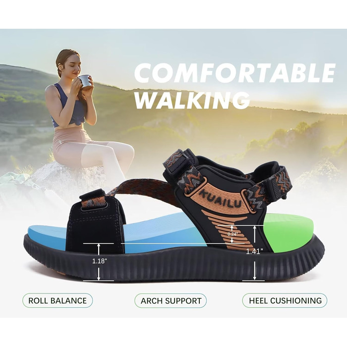 Жіночі трекінгові сандалії KuaiLu: зручні ортопедичні сандалі для туризму та активного відпочинку, літні, з регулюванням на липучках, відкриті, для підтримки стопи при фасціїтісу, чорний/хакі, 42 EU