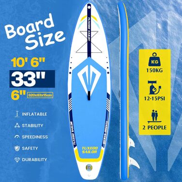 Надувне SUP-борд Tuxedo Sailor Stand Up Paddle Board з аксесуарами, для дорослих та підлітків, блакитний та жовтий
