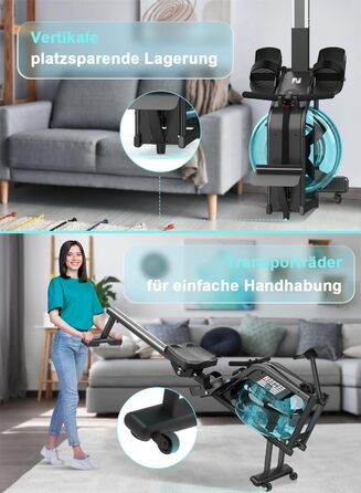 Веслувальний тренажер Neezee для дому, водний, з Bluetooth-монітором і тримачем для планшета, макс. вага 150 кг, вертикальне зберігання, транспортувальні колеса