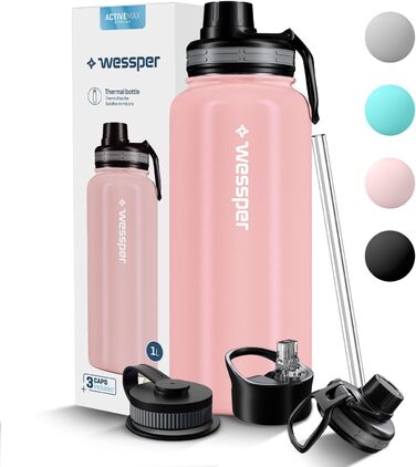 Термос Wessper 1000 мл з нержавіючої сталі, герметичний, BPA-free, 3 кришки, рожевий, для спорту, дітей і дорослих, для кемпінгу, велосипеда, outdoor