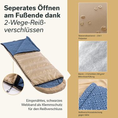 Спальний мішок Skandika Dundee Flanell з бавовни, преміум-якість, з'єднується, двомісний, 3 сезони, до -20°C, 220 x 80/160 см, для кемпінгу