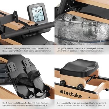 Гребний тренажер tectake з водяним опором та пульсоміром, складаний дерев'яний симулятор веслування для дому, до 150 кг