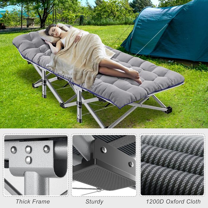 Розкладне кемпінгове ліжко MOPHOTO з матом – до 200 кг, 190x71x36 см, широке, для відпочинку на природі, сіре