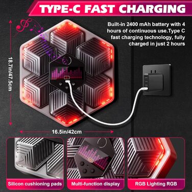 Музична боксерська машина для дорослих - 16 швидкостей, 14 режимів, Bluetooth, LED-підсвічування, з підрахунком ударів