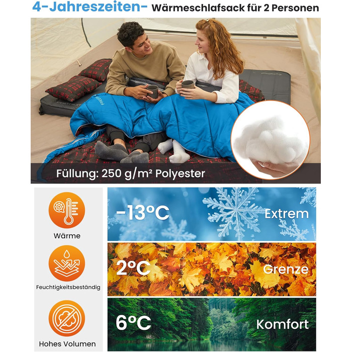 Спальний мішок KingCamp для 2 осіб з фланелі, зимовий, теплий, 3-4 сезони, з 2 подушками, для кемпінгу та відпочинку на природі (синьо-блакитний)