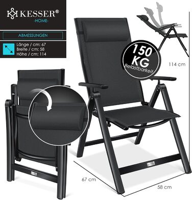Крісло садове KESSER® з високою спинкою та підлокітниками, алюмінієве, складне, з подушкою та чохлом, для кемпінгу, регульована спинка, дихаючий матеріал, вологостійке, чорне, 1 шт.