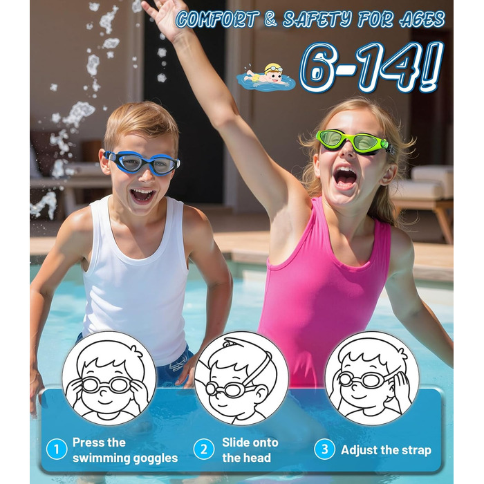 Дитячі окуляри для плавання Schwimmbrille: з UV-захистом та антифогом, водонепроникні, для хлопчиків та дівчаток 6-14 років (Чорно-сині + Зелені)