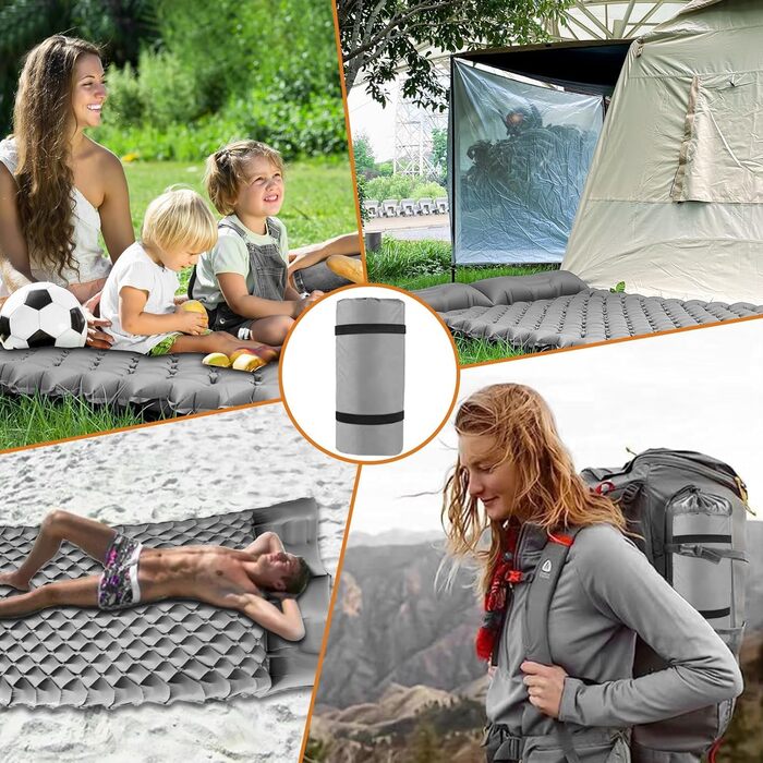Каремат для сну ONTYZZ Outdoor: самонадувний килимок для кемпінгу з подушкою та насосом, антипрокольний, товстий, сірий (подвійний)