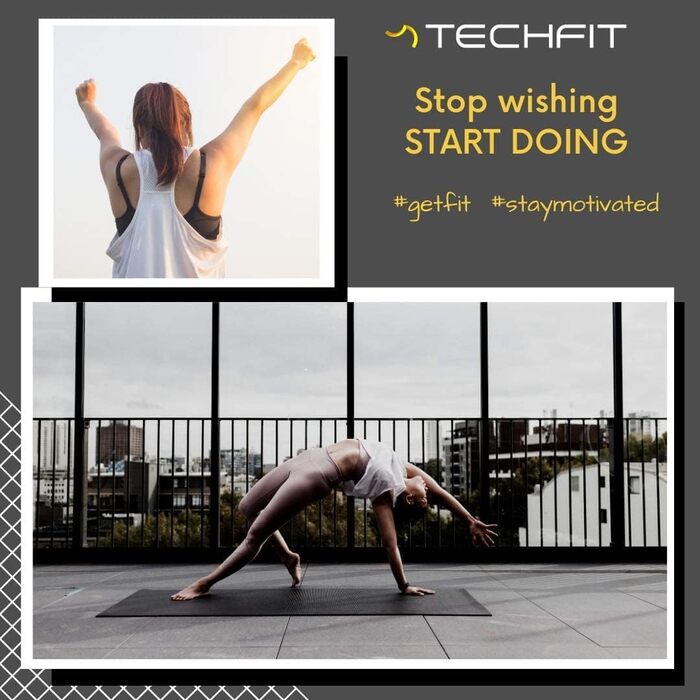 Йога мат TechFit: неслизька, товста (10 мм), для фітнесу, пілатесу, кемпінгу, чорна