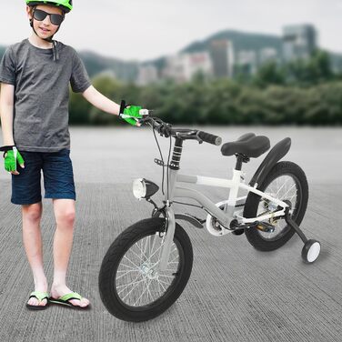 Дитячий велосипед 16 дюймів для дітей 5-8 років, регульований за висотою, з підставками та LED-ліхтариками, сірий