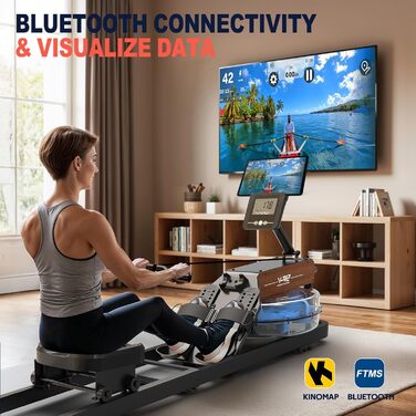 VOWVIT Весловий тренажер для дому з водним опором, складаний, з Bluetooth-дисплеєм, регульованим тримачем для планшета, до 160 кг, 2 роки гарантії, чорний