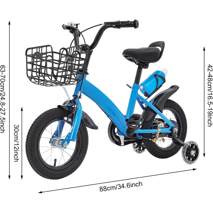 Дитяче велосипед 12 дюймів, регульована висота, для дітей 2-5 років, з додатковими колесами, кошиком та пляшкою, блакитний велосипед для дівчаток та хлопчиків
