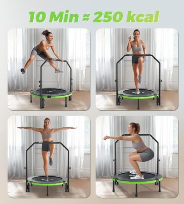 Трамплін для дому BCAN Fitness: діаметр 102/122/130 см, пружинний/з еластичним тросом, для дорослих до 250 кг, з регульованими ручками, тихий та з низькою вібрацією, зелений