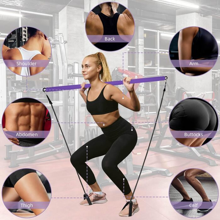 Тренувальна стійка Topfinder з еспандерами, портативний Pilates Bar для фітнесу, силових вправ, йоги, домашніх тренувань, фіолетова