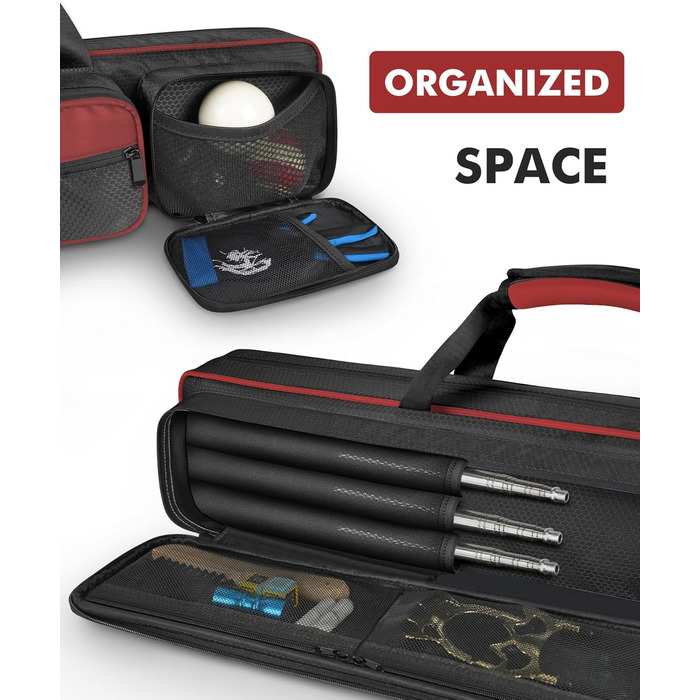 Чохол для більярдної ку́ли, 4x5, для 4 баттів та 5 штиків, м'яко стьобаний, з регульованим плечовим ременем (Червоний/Чорний)