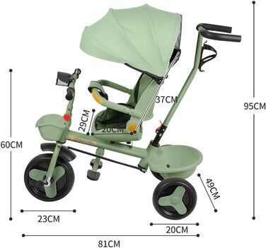 Триколісний велосипед для малюків, 5 в 1, з можливістю росту, велосипед-візок, поворотний сидіння 360°, штовхач, знімний капюшон, 3-точкова система безпеки, кошик для зберігання, 1-5 років (Зелений)