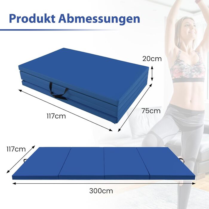 Складаний гімнастичний мат COSTWAY 300x120x5 см, PU-шкіра, клейкі застібки, ручки для перенесення, для фітнесу, йоги, синій