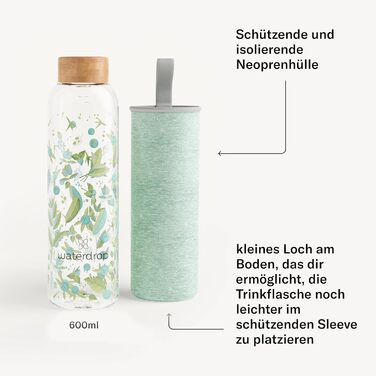 Скляна пляшка для води waterdrop® Edition 600 мл, боросилікатна, герметична, підходить для газованої води, BPA-free, з неопреновим чохлом, підходить для посудомийки