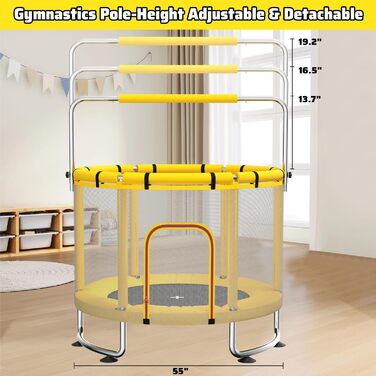 Дитячий батут з сіткою безпеки, регульованою поперечною перекладиною та гойдалкою, для хлопчиків та дівчаток 3-8 років (жовтий)