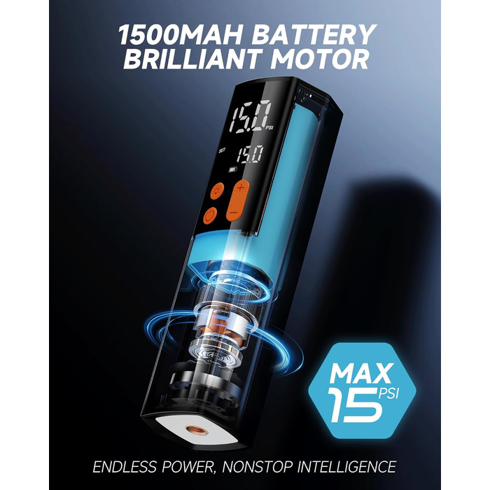 Електричний насос для м'ячів Teffim: 4 режими, 15 PSI, манометр, 3 голки для баскетболу та футболу