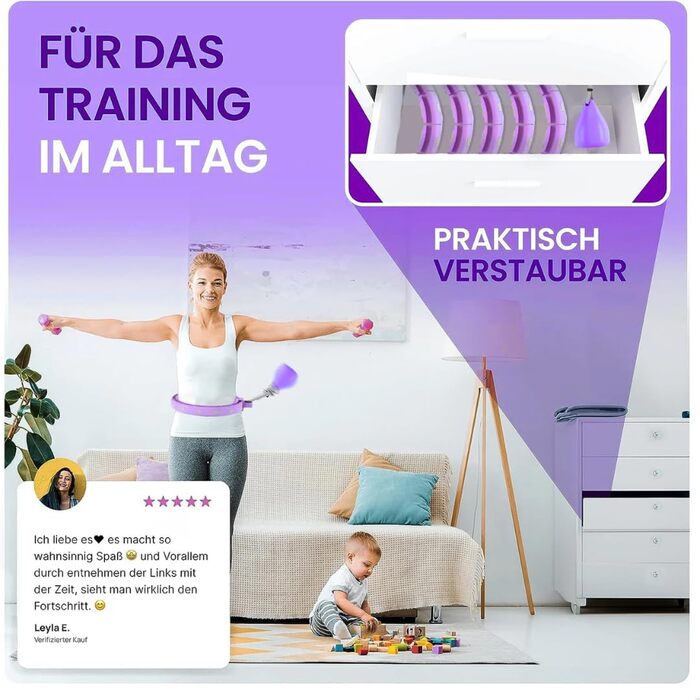 Leiser Smart Hula Hoop Gymside Hoopside Pro: для схуднення та фітнесу, з масажними шипами, 18 знімних секцій, фіолетовий