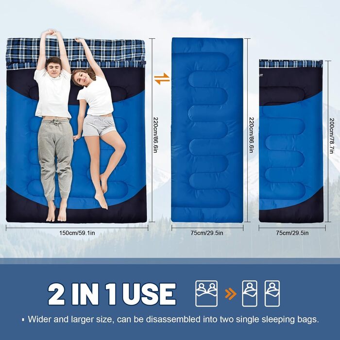 Спальний мішок для двох дорослих, 220x150 см, водонепроникний, зимовий, блакитний, фланель, з сумкою для зберігання