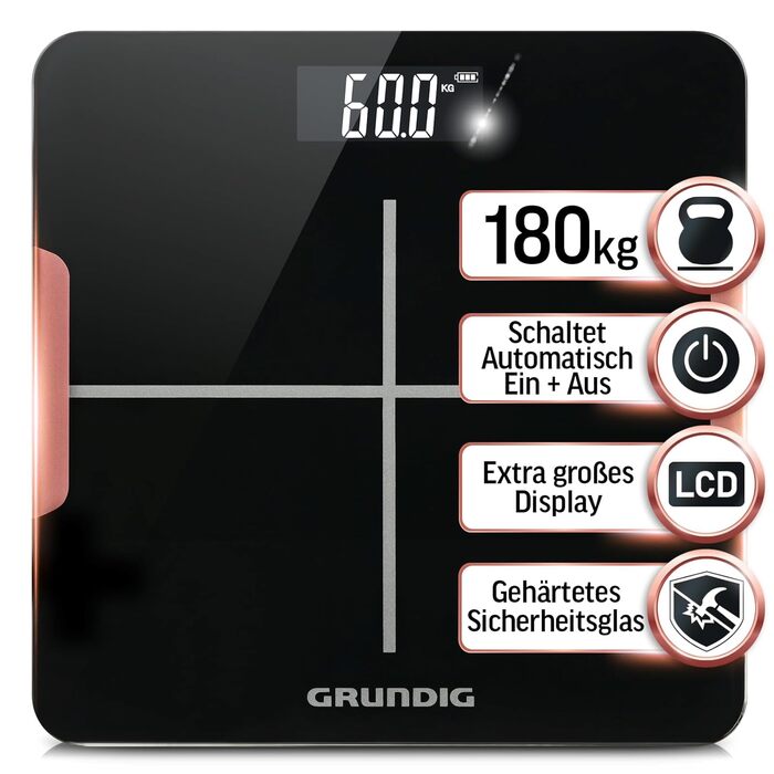 Ваги Grundig: цифрова персональна вага до 180 кг з високоточними сенсорами, LCD-дисплей, чорний колір (без батарейок)