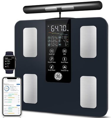 Вага GE Smart Waage для вимірювання жиру в тілі та м'язової маси: цифрова вага з 8 електродами, аналіз BMI, вага, м'язова маса, для людей, 180 кг, темно-синій