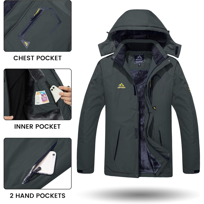 TACVASEN чоловіча зимова водонепроникна вітрозахисна куртка з флісовою підкладкою, для катання на лижах, водонепроникний дощовик з капюшоном, армійного кольору (XXL, вугільно-сірий)
