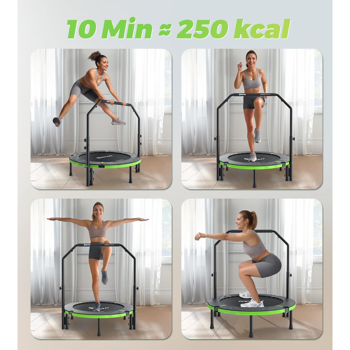 Трамплін для дому BCAN Fitness: діаметр 102/122/130 см, пружинний/з еластичним тросом, для дорослих до 250 кг, з регульованими ручками, тихий та з низькою вібрацією, зелений