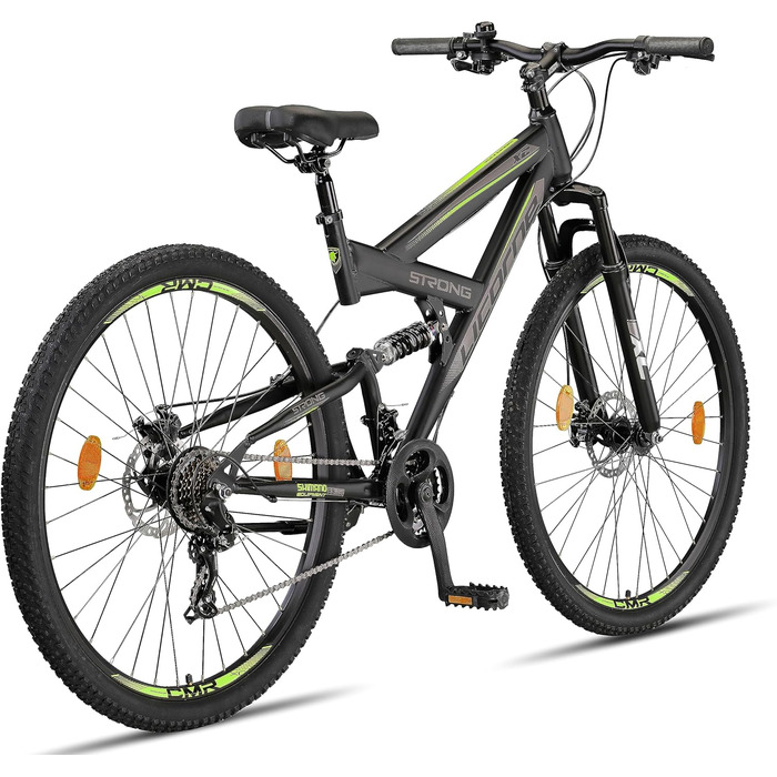 Гірський велосипед Licorne Bike Strong 2D Premium 29 дюймів для підлітків і дорослих, дискові гальма, 21 швидкість, повна амортизація, чорний/лайм