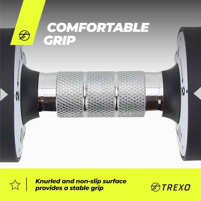 Регульований набір гантелей TREXO 2x5 кг зі сталі з неслизькими ручками. Ідеально для силових тренувань вдома та в спортзалі. Стабільна підставка (багато кольорів, 2x10 кг)