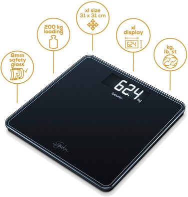 Ваги підлогові Beurer GS 400 Signature Line, скляні, чорні, дисплей XL, до 200 кг, 31x31 см