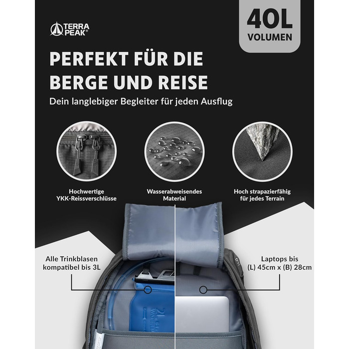 Туристичний рюкзак 40 л Flex 40 Premium з вентиляцією спини, дощовиком і тримачем для питної системи, 3D Air Mesh, для трекінгу та походів, з поясним ременем