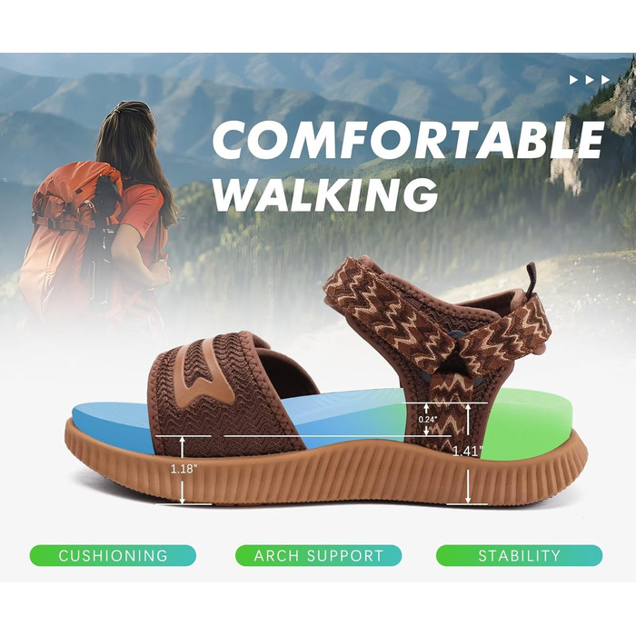 Зручні трекінгові сандалі KuaiLu для жінок: ортопедичні, для плоскостопості, піші прогулянки, літо, відкриті пальці, регульовані на липучках (39 EU, Коричневий)