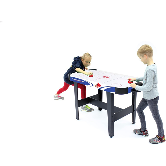 Airhockey стіл Carromco Crosscheck-XT – ігрове поле з високоглянцевим покриттям, вентильоване поле, 2 шайби та 2 ракетки, розмір 79x122x61 см, синій, для дітей та дорослих
